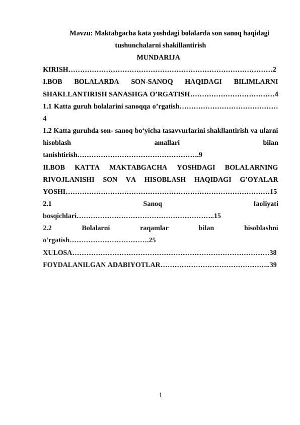 Maktabgacha kata yoshdagi bolalarda son sanoq haqidagi tushunchalarni shakillantirish