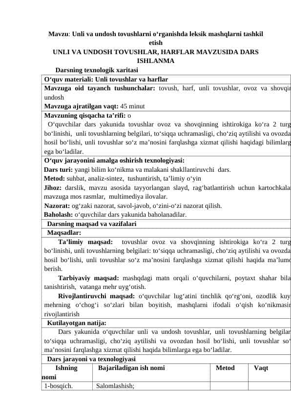 UNLI VA UNDOSH TOVUSHLAR, HARFLAR MAVZUSIDA DARS ISHLANMA