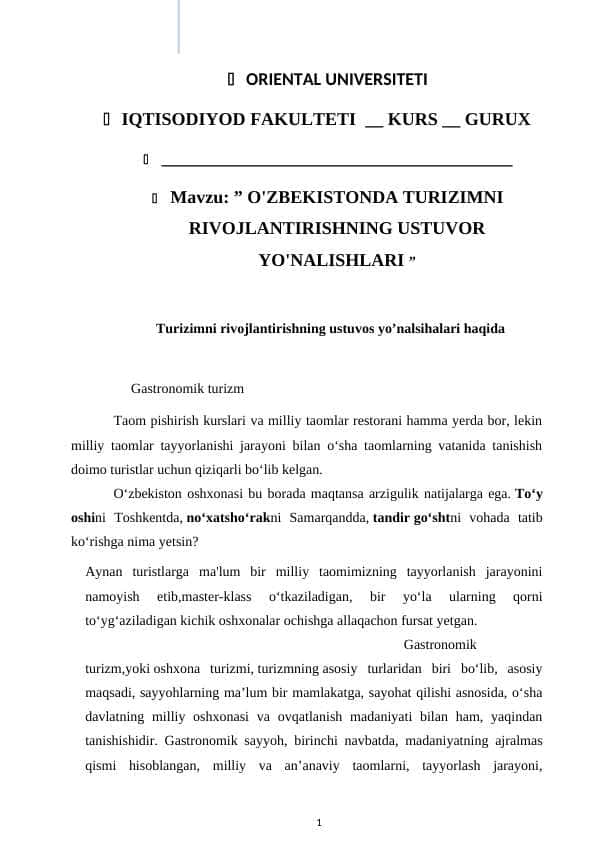 O'ZBEKISTONDA TURIZIMNI RIVOJLANTIRISHNING USTUVOR YO'NALISHLARI