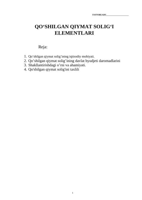 QO‘SHILGAN QIYMAT SOLIG‘I ELEMENTLARI