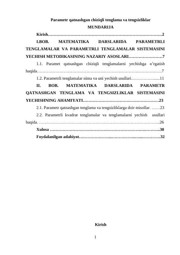 Parametr qatnashgan chiziqli tenglama va tengsizliklar
