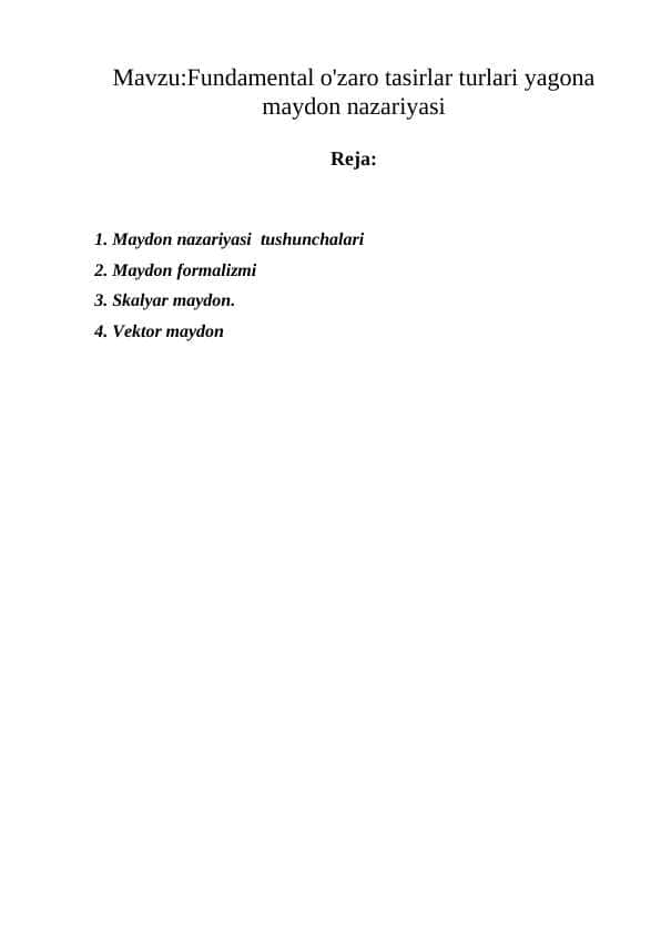 Fundamental o'zaro tasirlar turlari yagona maydon nazariyasi