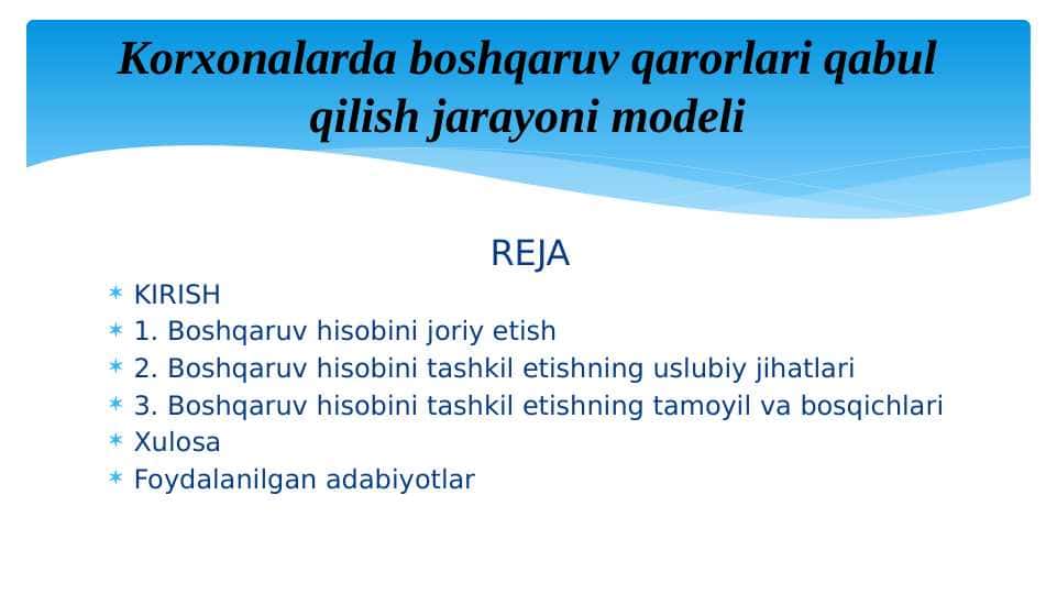 Korxonalarda boshqaruv qarorlari qabul qilish jarayoni modeli