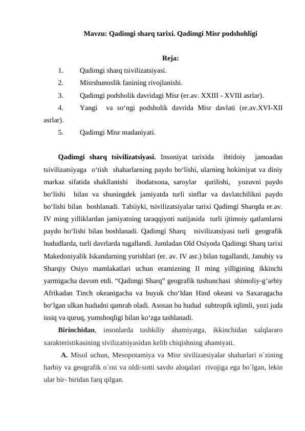 Qadimgi sharq tarixi. Qadimgi Misr podshohligi