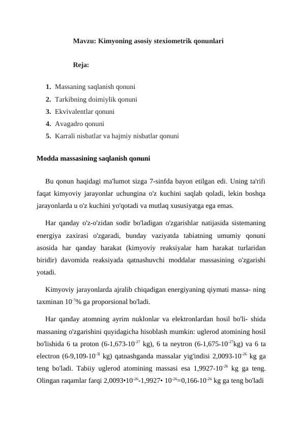 Kimyoning asosiy stexiometrik qonunlari