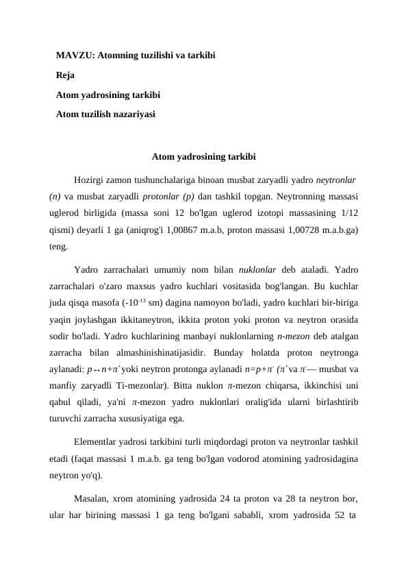 Atomning tuzilishi va tarkibi