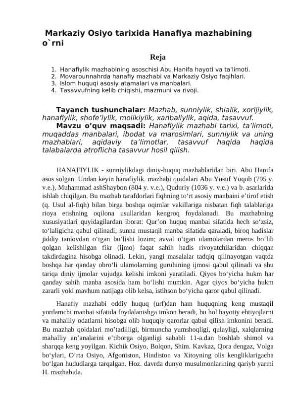Markaziy Osiyo tarixida Hanafiya mazhabining o`rni