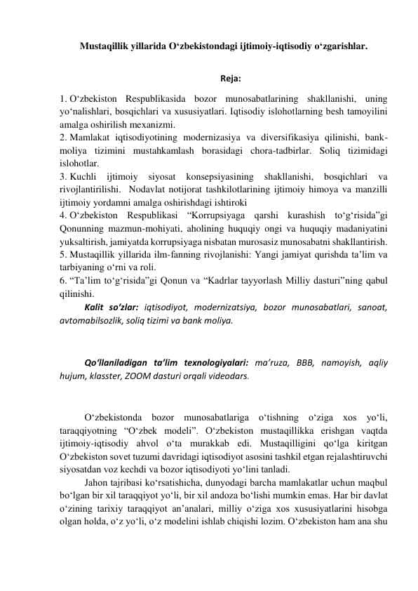 Mustaqillik yillarida O‘zbekistondagi ijtimoiy-iqtisodiy o‘zgarishlar