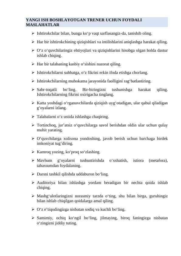 Trenerning psixologik treningni tashkil etishi uchun asosiy ko'nikmalari