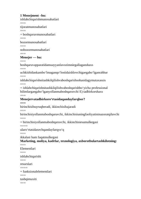 Taqqoslama menejment fanidan test Javoblari bilan