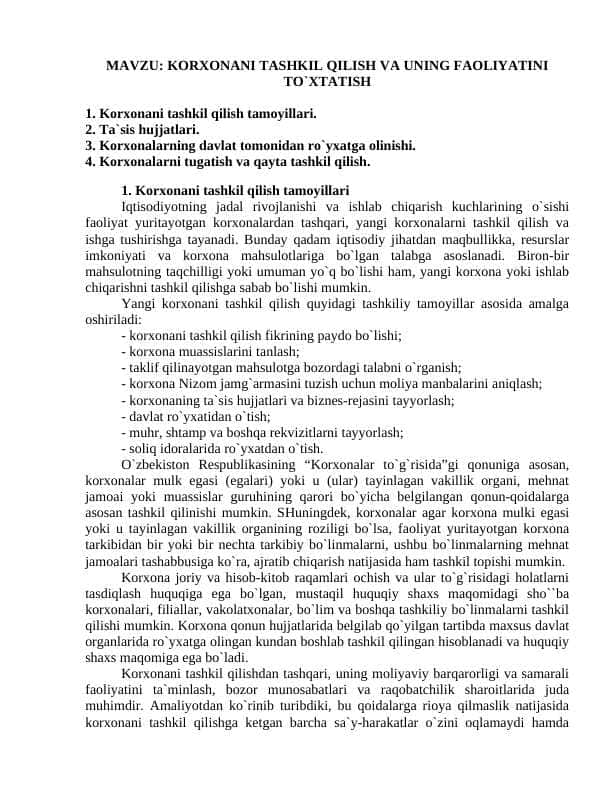 KORXONANI TASHKIL QILISH VA UNING FAOLIYATINI TO`XTATISH