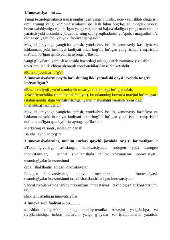 innovatsion iqtisodiyot test
