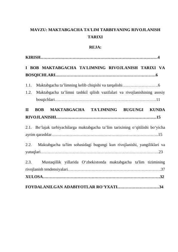 MАKTАBGАCHА TА'LIM TАRBIYАNING RIVОJLАNISH TАRIXI kurs ishi.docx