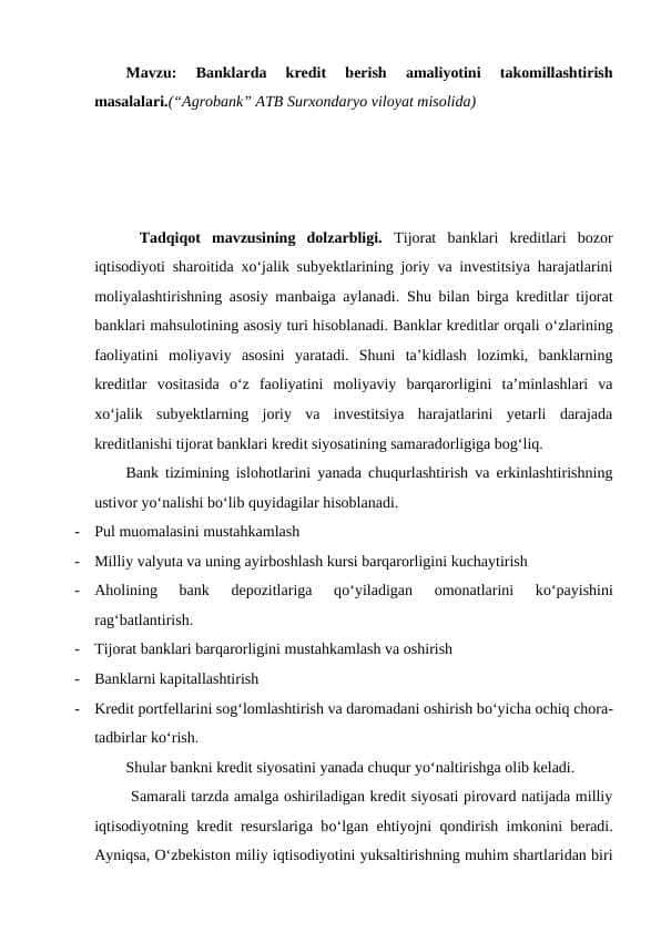 Tezis, MD bo'yicha, Banklarda kredit berish amaliyotini takomillashtirish masalalari