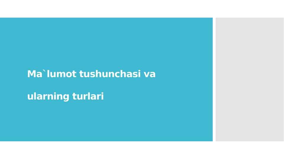 Ma`lumot tushunchasi va ularning turlari mavzusida slayd
