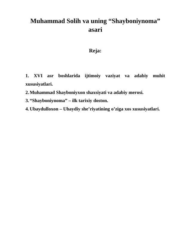 Muhammad Solih va uning “Shayboniynoma” asari