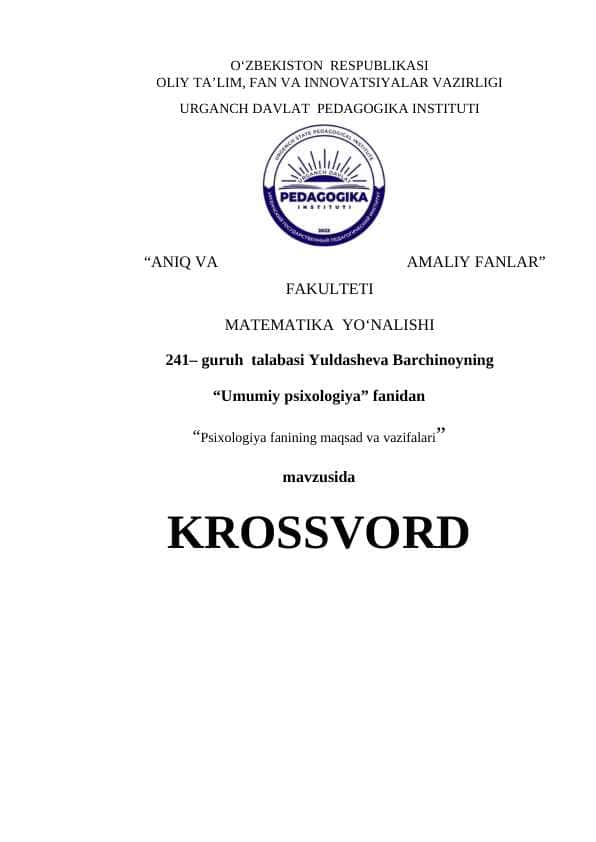 Psixologiya fanining maqsad va vazifalari KROSSVORD