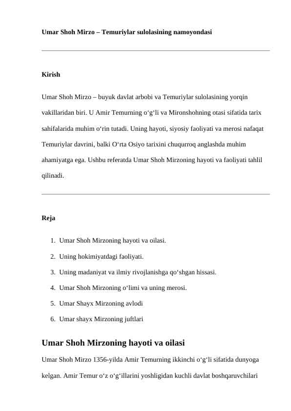 Umar Shayx Mirzo mavzusida mustaqil ish referat