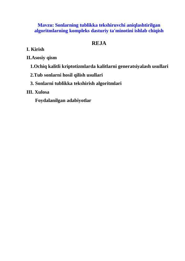 Sonlarning tublikka tekshiruvchi aniqlashtirilgan algoritmlarning kompleks dasturiy ta'minotini ishlab chiqish