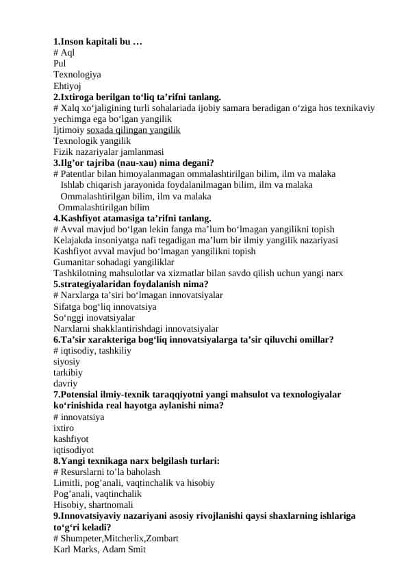 innovatsion iqtisodiyot test