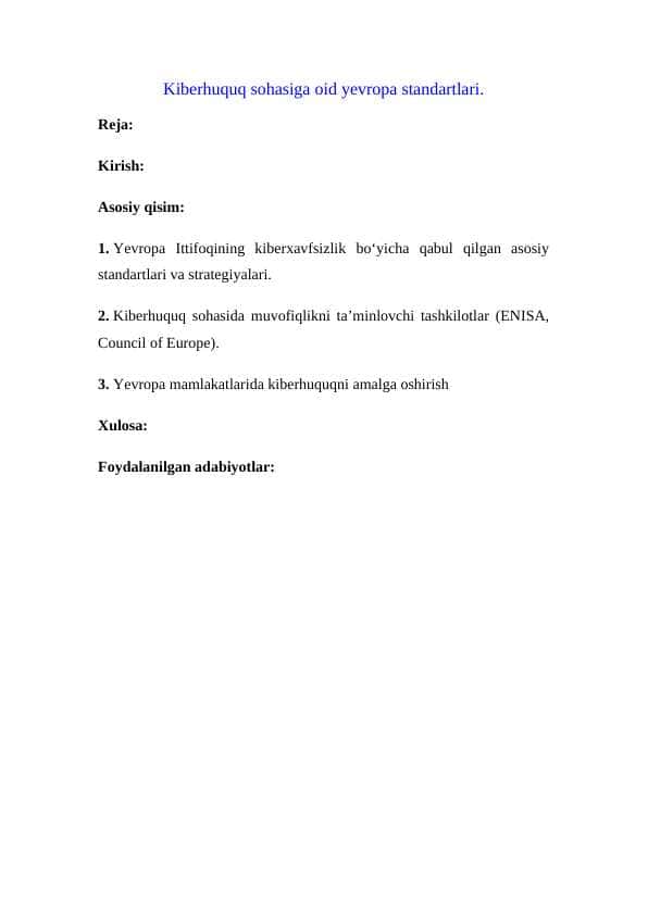 Kiberhuquq sohasiga oid yevropa standartlari.