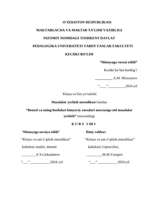 “Benzol va uning hosilalari kimyoviy xossalari mavzusiga oid masalalar yechish”