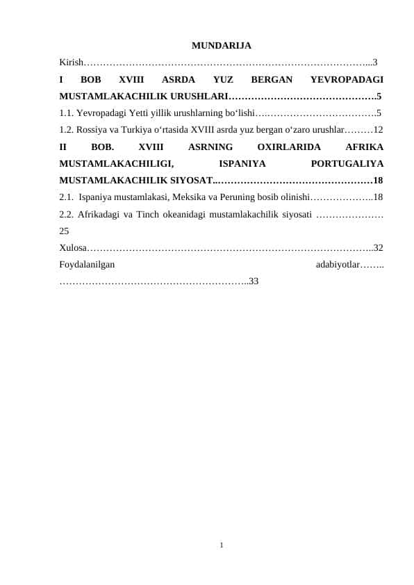 Yevropa davlatlarining mustamlakalar uchun kurashi XVIII asr