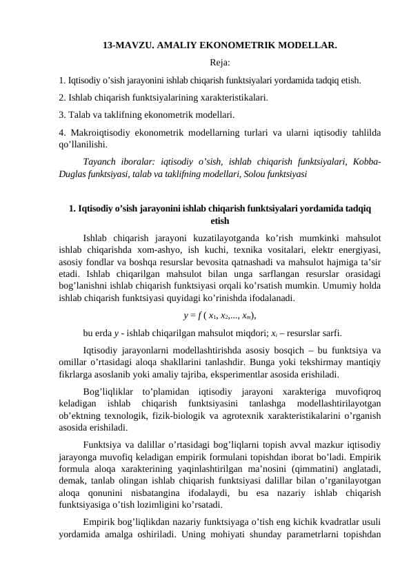 AMALIY EKONOMETRIK MODELLAR