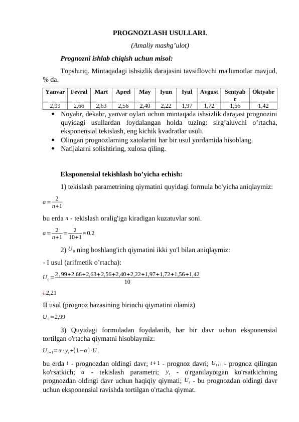 PROGNOZLASH USULLARI. (Amaliy mashg’ulot)