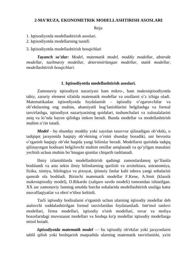 EKONOMETRIK MODELLASHTIRISH ASOSLARI