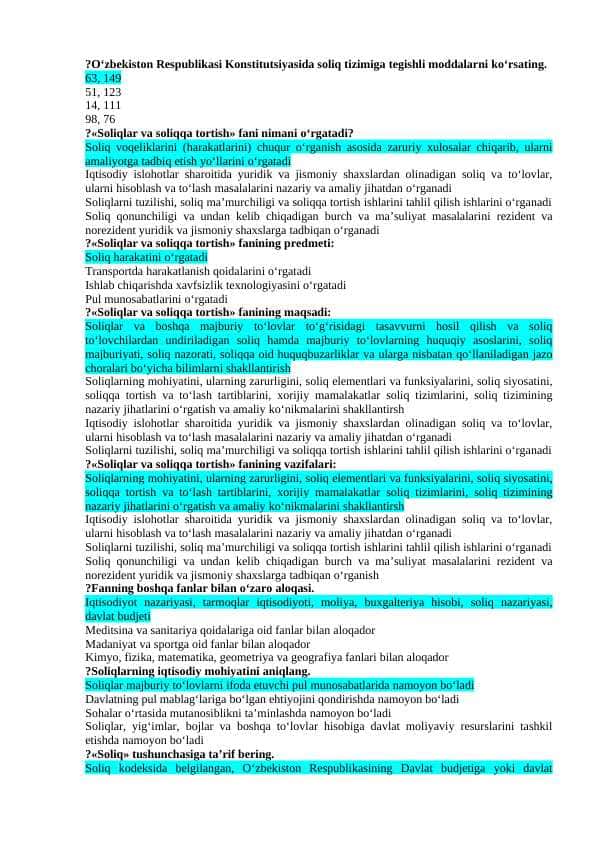 SOLIQLR VA SOLIQQA TORTISH FANIDAN YAKUNIY SAVOLLARI JAVOBLARI BILAN