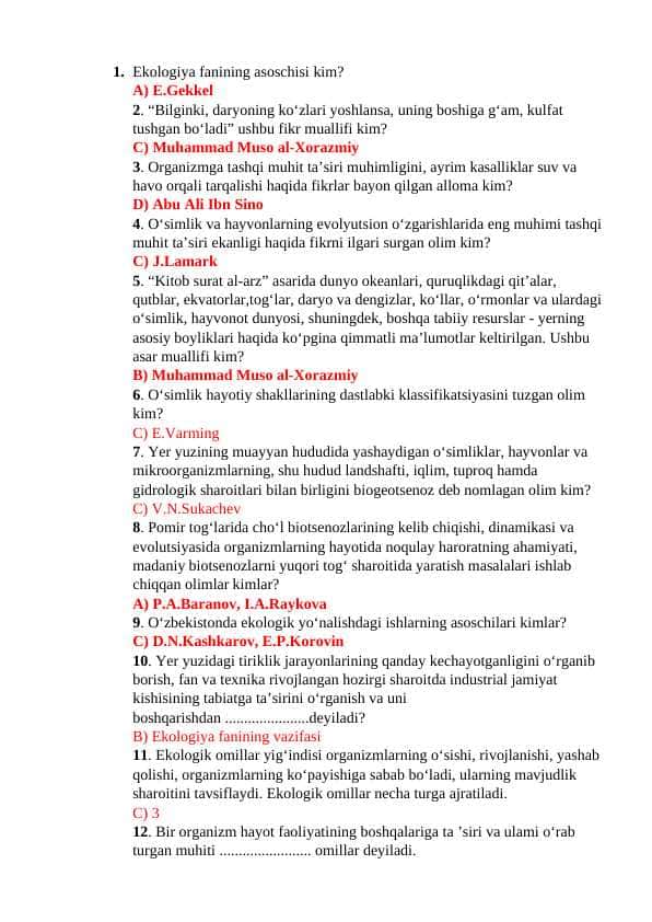 Ekologiya va atrof muhitni himoya qilish fanidan yakuniy savollari javoblari