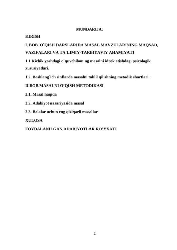 O`QISH DARSLARIDA MASAL MAVZULARINING MAQSAD, VAZIFALARI VA TA`LIMIY-TARBIYAVIY AHAMIYATI