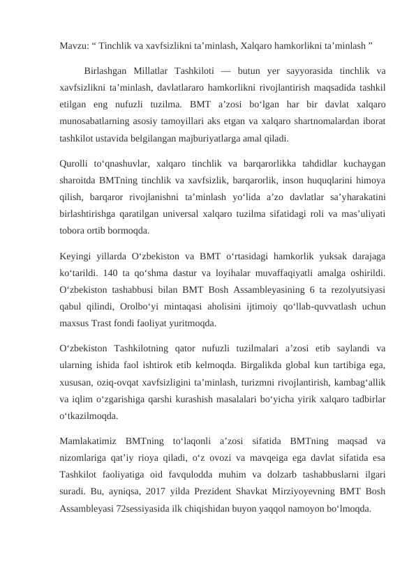 Tinchlik va xavfsizlikni ta’minlash, Xalqaro hamkorlikni ta’minlash