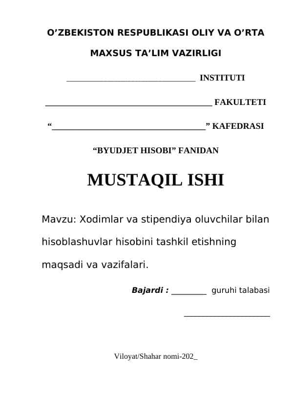 Xodimlar va stipendiya oluvchilar bilan hisoblashuvlar hisobini tashkil etishning maqsadi va vazifalari.