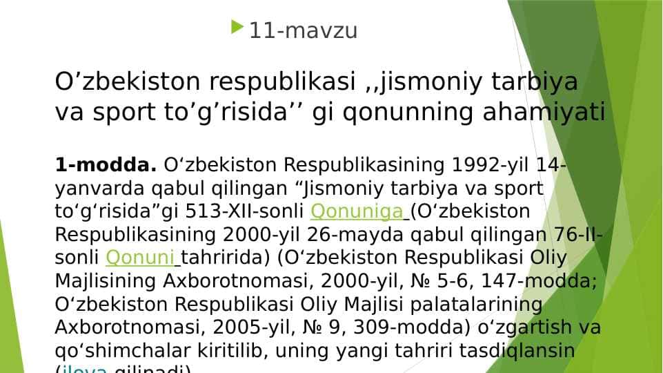 O’zbekiston respublikasi ,,jismoniy tarbiya va sport to’g’risida’’ gi qonunning ahamiyati