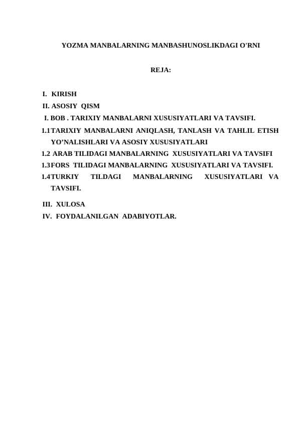 YOZMA MANBALARNING MANBASHUNOSLIKDAGI O'RNI