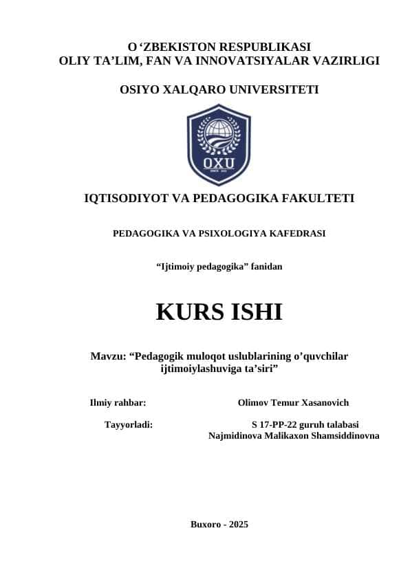 Pedagogik muloqot uslublarining o’quvchilar ijtimoiylashuviga ta’siri