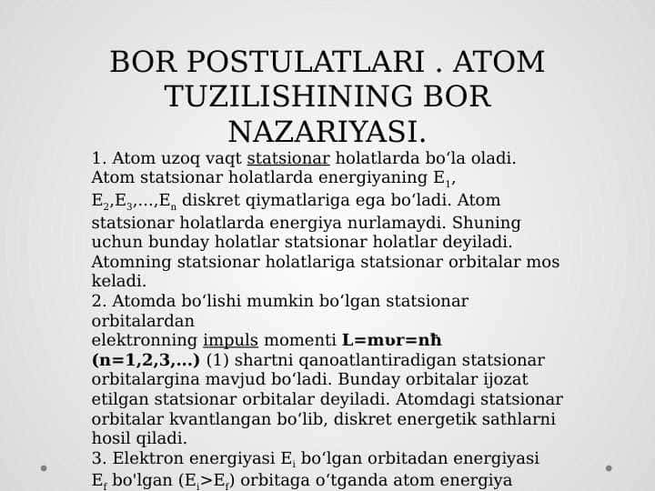 ATOM TUZILISHINING BOR NAZARIYASI