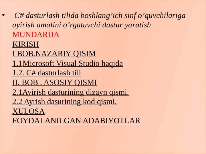 С# dasturlash tilida boshlang’ich sinf o’quvchilariga ayirish amalini o’rgatuvchi dastur yaratish