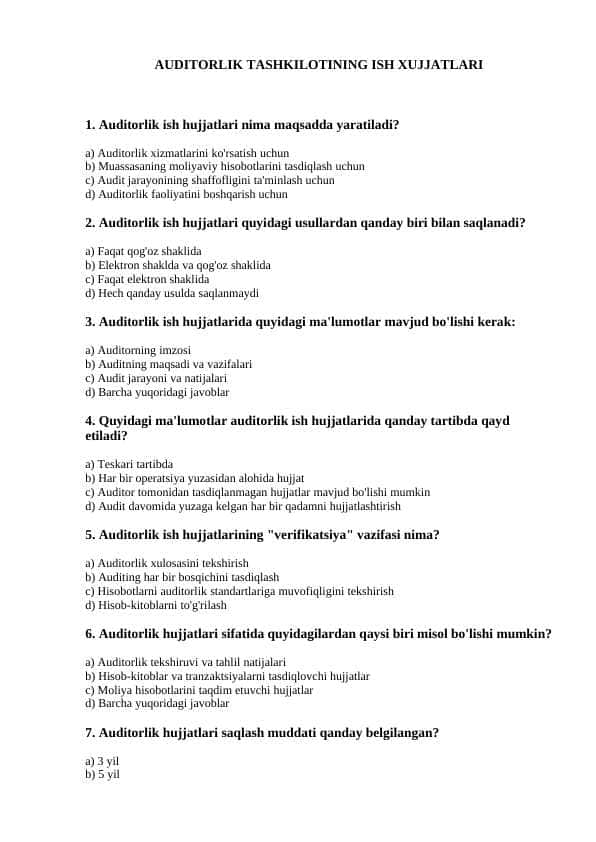 Auditorlik tashkilotining ish xujjatlari test
