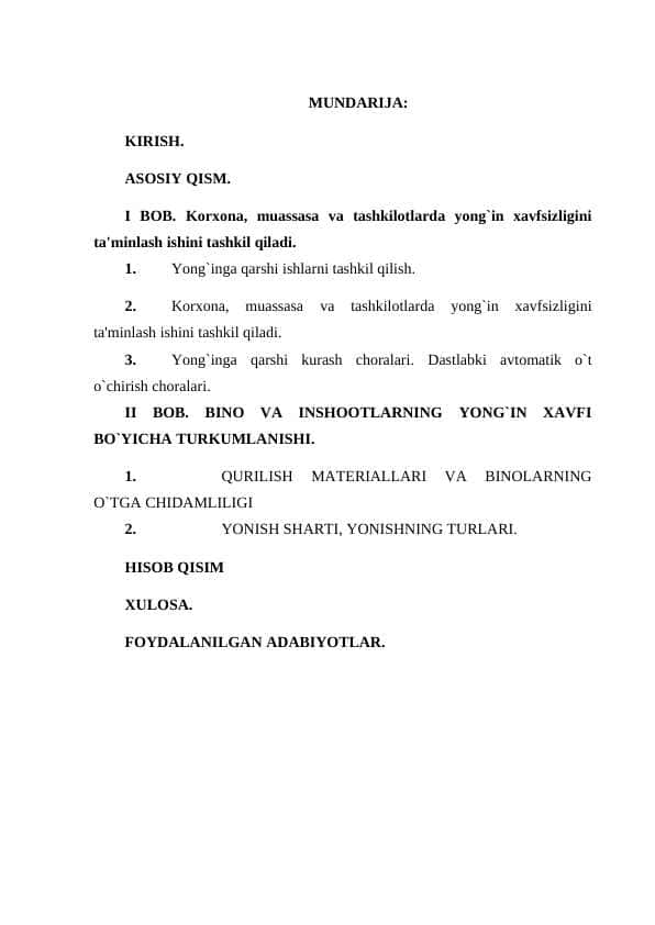 Ishlab chiqarish korxonalarida yong’in xavfsizligini ta’minlash qoidalarini ishlab chiqarish tartibi