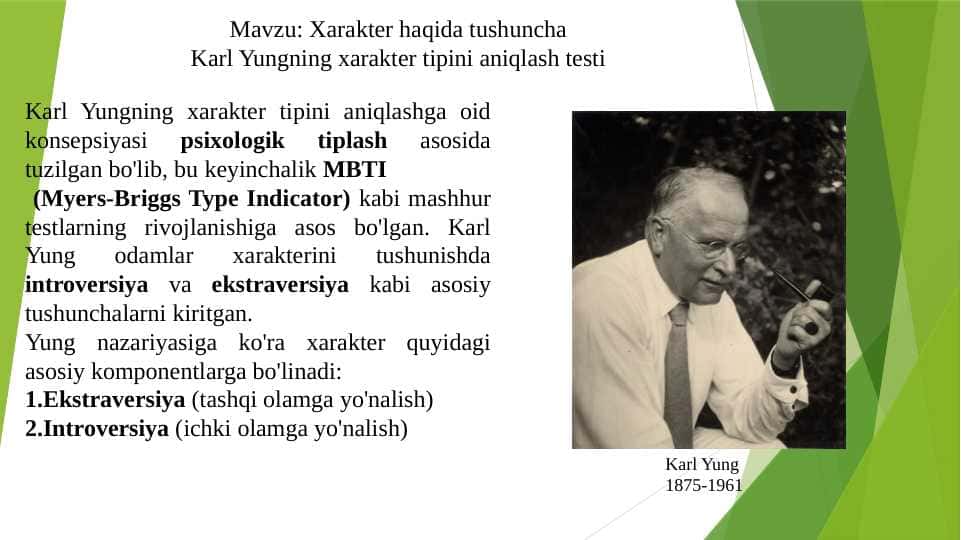 Xarakter haqida tushuncha Karl Yungning xarakter tipini aniqlash testi