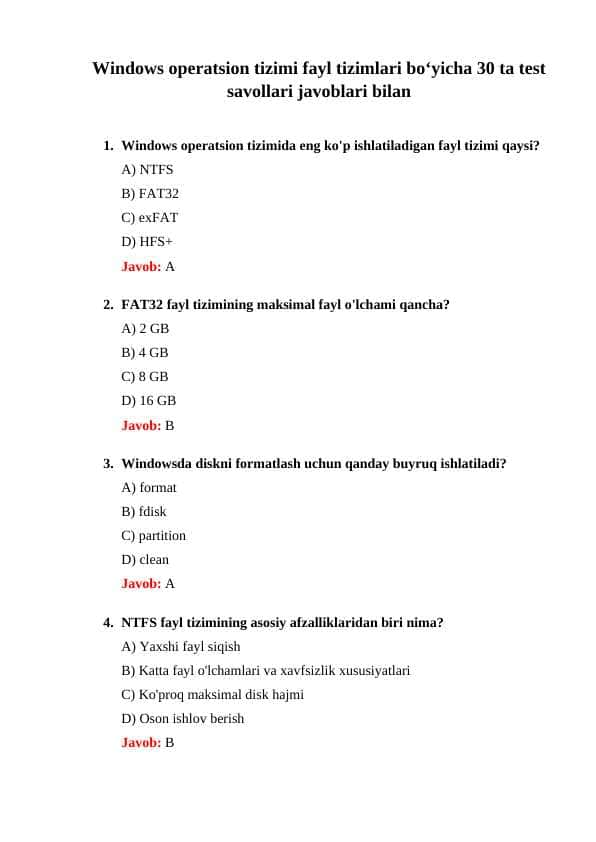 Windows operatsion tizimi fayl tizimlari boʻyicha 30 ta test savollari javoblari bilan