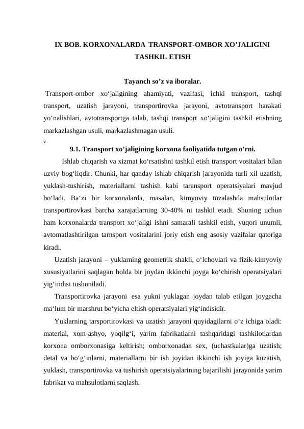 KORXONALARDA TRANSPORT-OMBOR XO’JALIGINI TASHKIL ETISH