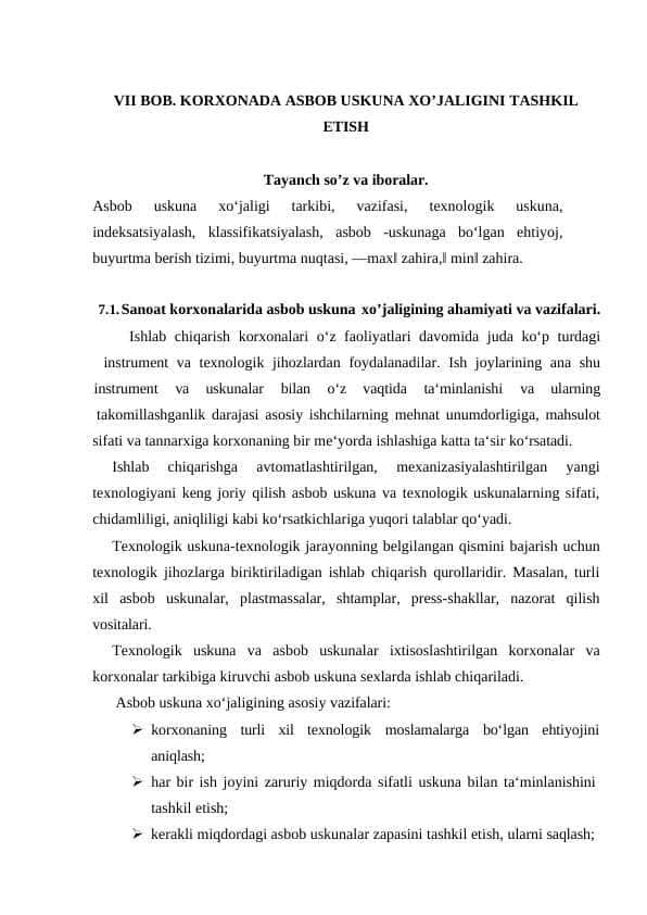 KORXONADA ASBOB USKUNA XO’JALIGINI TASHKIL ETISH
