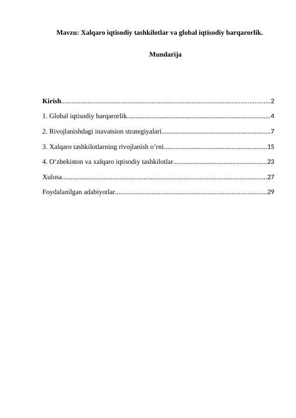 Xalqaro iqtisodiy tashkilotlar va global iqtisodiy barqarorlik.