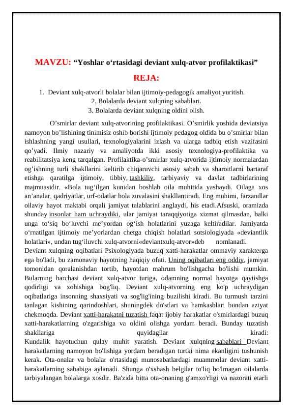 Yoshlar oʻrtasidagi deviant xulq-atvor profilaktikasi