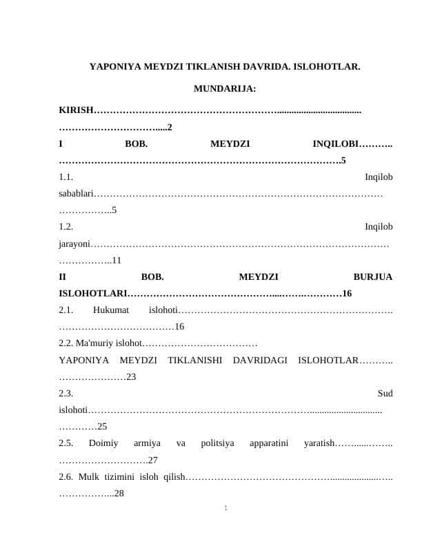 YAPONIYA MEYDZI TIKLANISH DAVRIDA. ISLOHOTLAR.