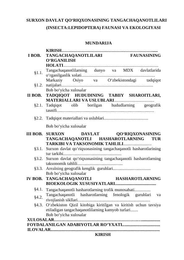 SURXON DAVLAT QO‘RIQXONASINING TANGACHAQANOTLILARI FAUNASI VA EKOLOGIYASI